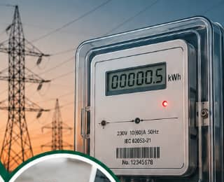 A digital electricity meter, with transmission towers at sunset behind it